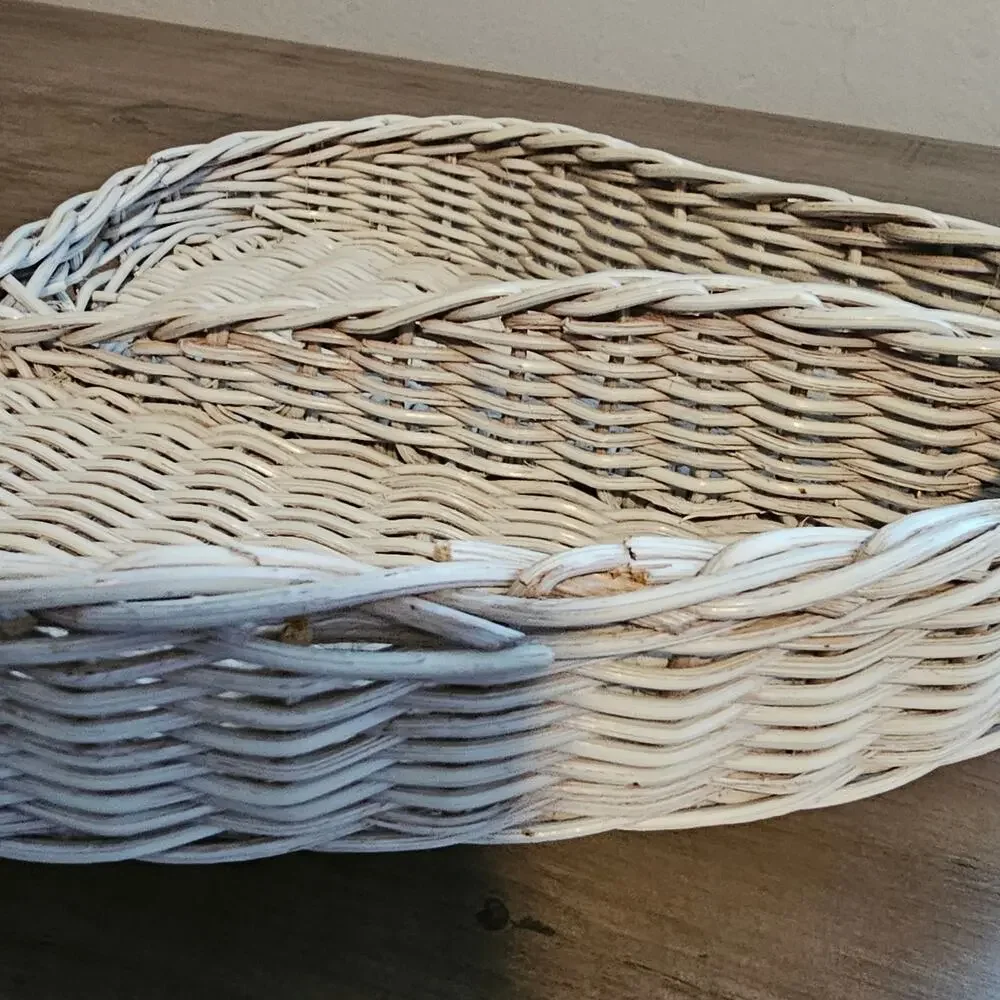 Vintage Heart Wicker Basket Divided Serving Tray Boho Handle White Wash Cottage